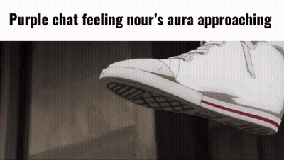 A Purple Chat Feeling Nour 'S Aura Approaching With A Picture Of A Shoe GIF