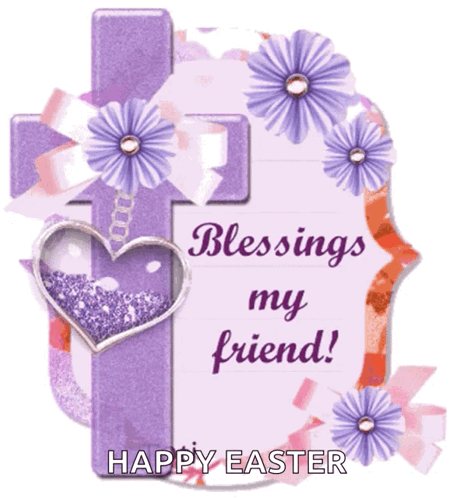 A Purple Cross With Flowers And A Heart Says Blessings My Friend GIF