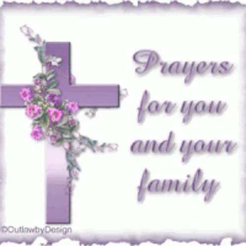 A Purple Cross With Flowers And The Words " Prayers For You And Your Family " Below It GIF