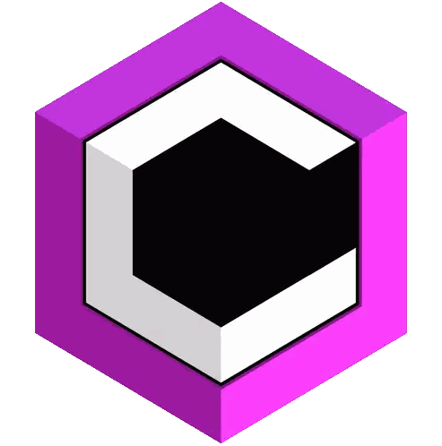 A Purple Cube With A Black And White Letter C Inside Sticker