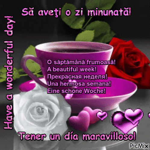 A Purple Cup Of Coffee Sits On A Saucer With Hearts And Roses GIF