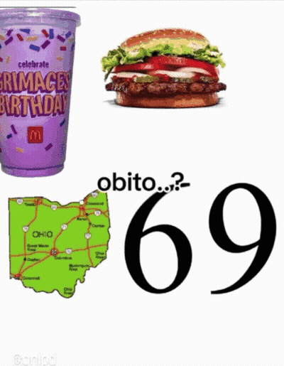 A Purple Cup That Says Celebrate Grimace 'S Birthday Is Next To A Hamburger And A Map Of Ohio GIF