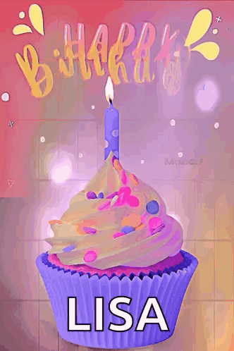 A Purple Cupcake With A Blue Candle On Top And The Name Lisa On The Bottom GIF
