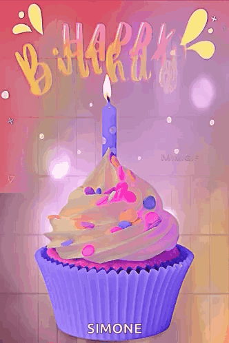 A Purple Cupcake With A Blue Candle On Top Of It And The Words Happy Birthday On The Background . GIF