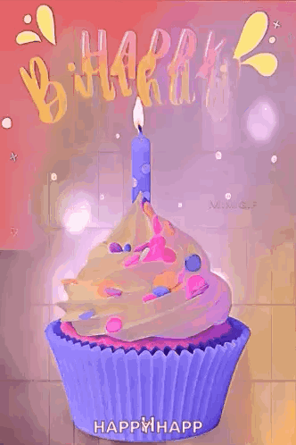 A Purple Cupcake With A Blue Candle On Top Of It Is On A Birthday Card . GIF