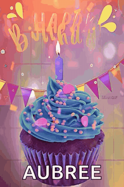 A Purple Cupcake With Blue Frosting And A Lit Candle With The Name Aubree On It GIF