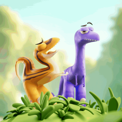 A Purple Dinosaur And An Orange Dinosaur Are Standing Next To Each Other GIF