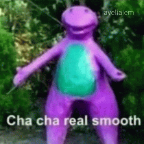 A Purple Dinosaur Is Dancing With The Words `` Cha Cha Real Smooth '' . GIF