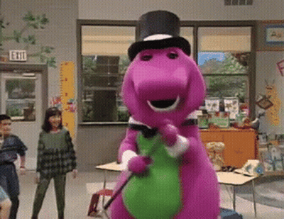 A Purple Dinosaur Is Wearing A Top Hat And Holding A Green Frog . GIF