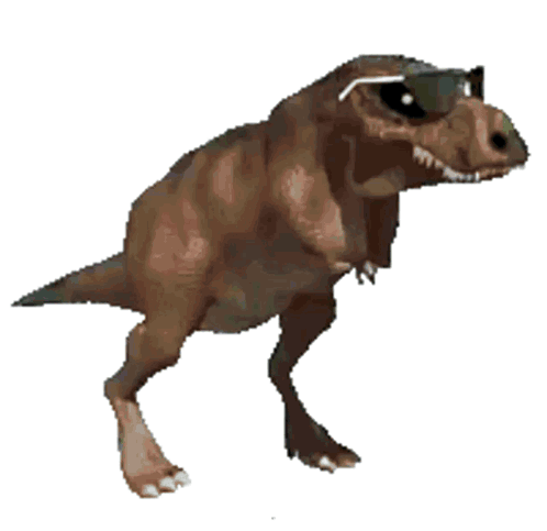 A Purple Dinosaur Wearing Sunglasses Is Walking Across A White Background . GIF