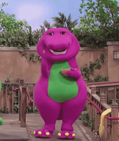 A Purple Dinosaur With A Green Belly Is Holding A Piece Of Fruit GIF