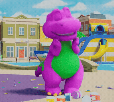 A Purple Dinosaur With A Green Belly Is Standing In Front Of A Building With The Letter A On It GIF