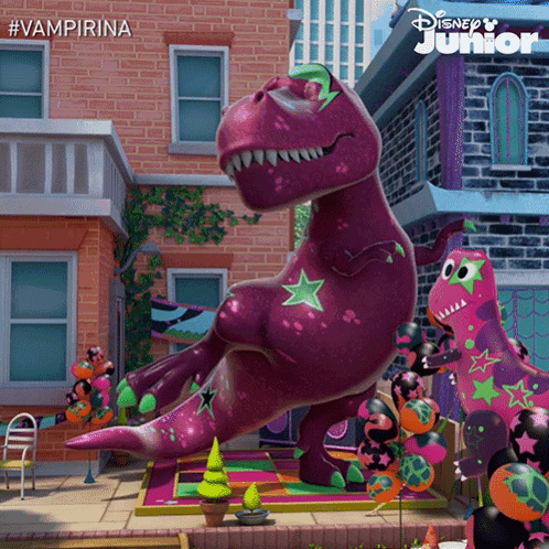 A Purple Dinosaur With A Green Star On Its Head Is Standing In Front Of A Brick Building With A Disney Junior Logo Behin GIF