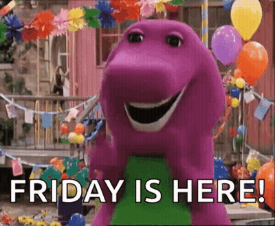 A Purple Dinosaur With Balloons And Flowers Says Friday Is Here GIF