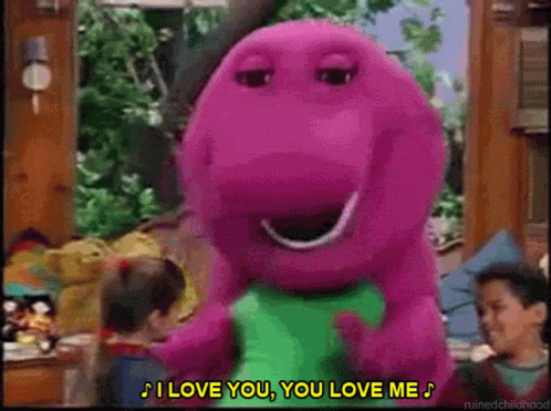 A Purple Dinosaur With The Words I Love You You Love Me GIF