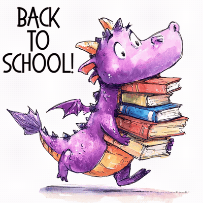 A Purple Dragon Carrying A Stack Of Books With The Words Back To School Written Above It GIF