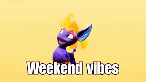 A Purple Dragon Is Standing On A Yellow Background With The Words `` Weekend Vibes '' Written Below It . GIF
