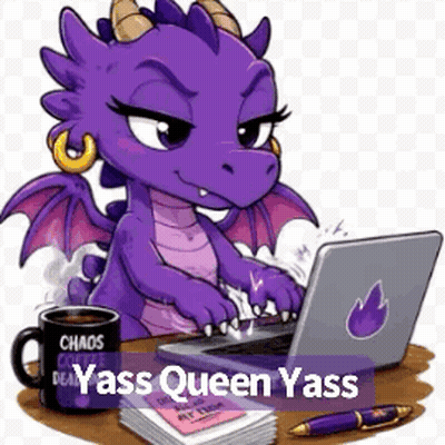 A Purple Dragon Is Typing On A Laptop Next To A Cup Of Coffee . GIF