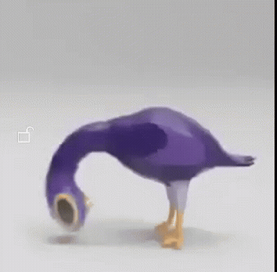 A Purple Duck Is Standing On A White Surface With Its Mouth Open . GIF