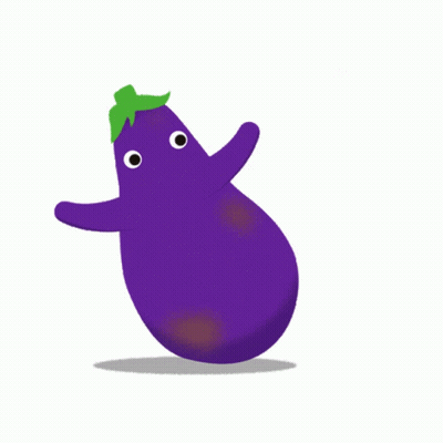 A Purple Eggplant With A Green Leaf On Top Is Dancing GIF