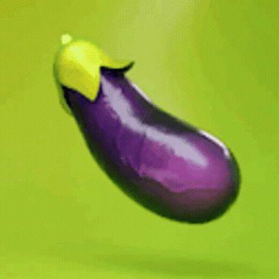 A Purple Eggplant With A Yellow Stem Is Floating In The Air On A Green Background GIF