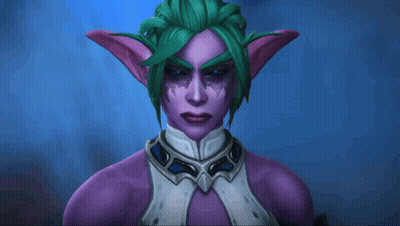 A Purple Elf With Green Hair And A White Collar Has Her Eyes Closed GIF
