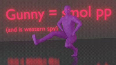 A Purple Figure Sits In Front Of A Sign That Says Gunny = Mol Pp GIF