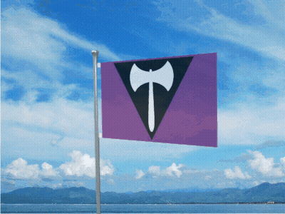 A Purple Flag With A Black Triangle And A White Axe On It GIF
