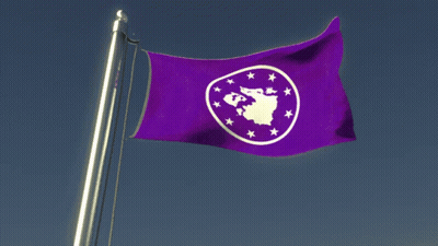 A Purple Flag With A White Circle With A Map And Stars On It GIF
