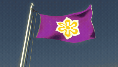 A Purple Flag With A Yellow Flower In The Middle GIF