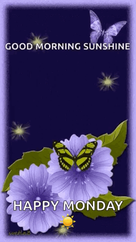 A Purple Flower With A Butterfly On It And The Words `` Good Morning Sunshine Happy Monday '' . GIF