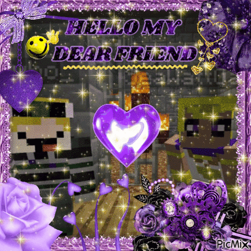 A Purple Frame With A Purple Heart And The Words Hello My Dear Friend GIF