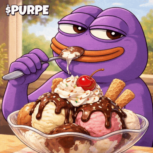 A Purple Frog Is Eating A Sundae With A Cherry On Top GIF