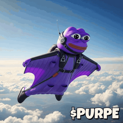 A Purple Frog Is Flying Through The Air With The Word Purpe Written Below It GIF
