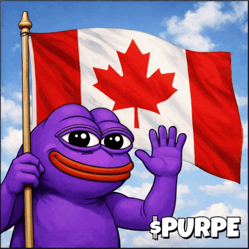 A Purple Frog Is Holding A Canadian Flag And Says Purpe GIF
