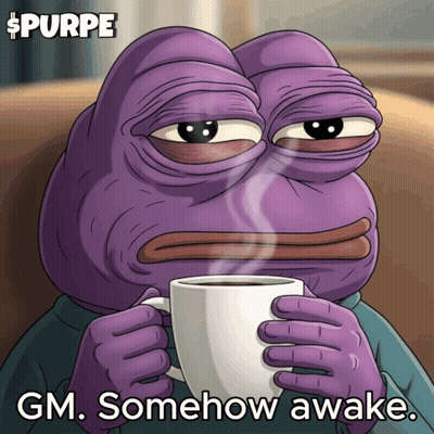 A Purple Frog Is Holding A Cup Of Coffee And The Caption Says Gm Somehow Awake GIF