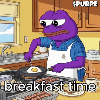 A Purple Frog Is Preparing Breakfast In A Kitchen With The Words Breakfast Time Below Him GIF