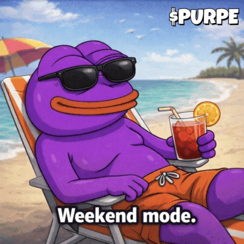 A Purple Frog Is Sitting On A Beach Holding A Drink And The Words Weekend Mode GIF