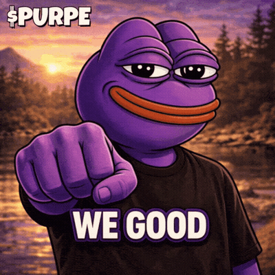 A Purple Frog Pointing At The Camera With The Words " We Good " On The Bottom GIF