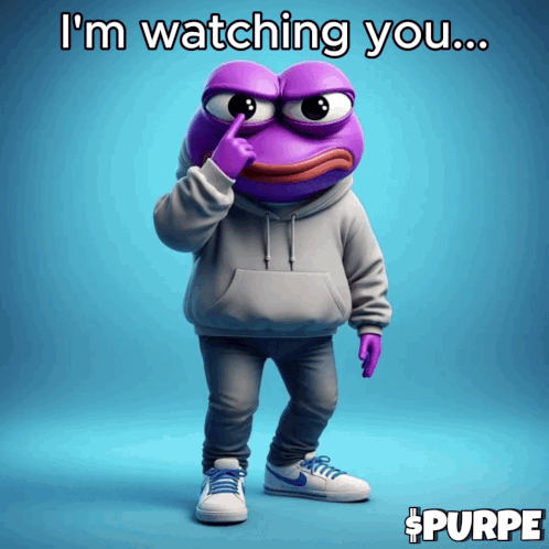 A Purple Frog Wearing A Grey Hoodie And Blue Jeans Says I 'M Watching You GIF