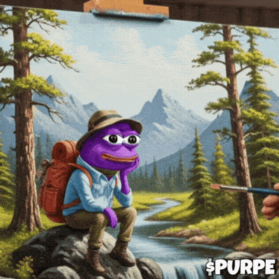 A Purple Frog With A Backpack Sits On A Rock Near A River In A Painting By Purpe GIF