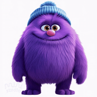 A Purple Furry Monster Wearing A Blue Hat Is Standing In Front Of The Mini Studio Logo GIF
