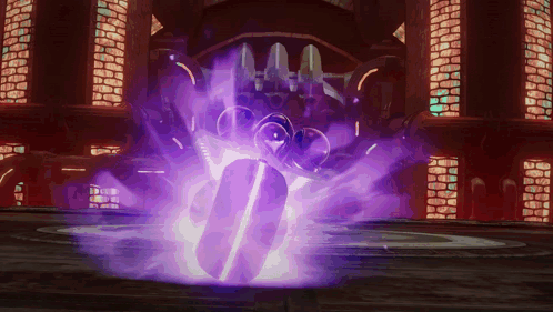 A Purple Glowing Object In A Dark Room With A Brick Wall In The Background GIF