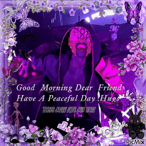 A Purple Greeting Card That Says " Good Morning Dear Friend " GIF