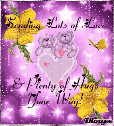 A Purple Greeting Card With Two Teddy Bears Holding A Heart And The Words " Sending Lots Of Love " GIF