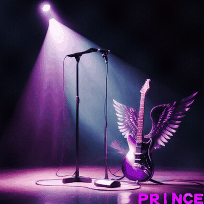 A Purple Guitar With Wings And A Microphone On A Stage With The Word Prince Below It GIF