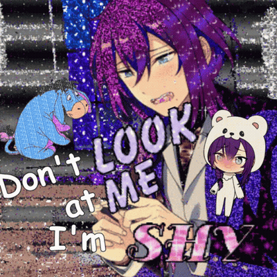 A Purple Haired Anime Character With The Words " Don 'T Look At Me I 'M Shy " GIF