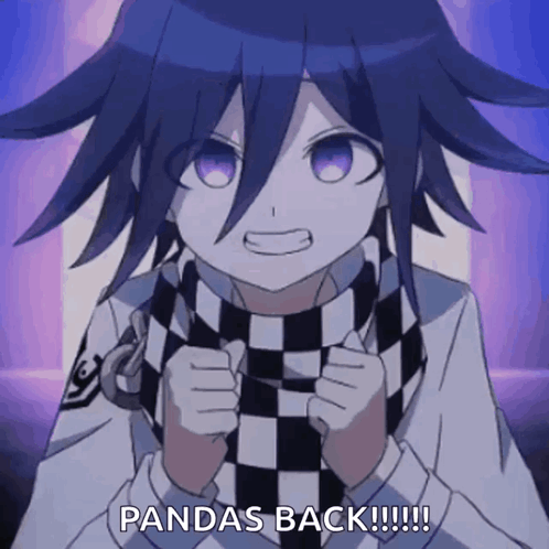 A Purple Haired Anime Character With The Words Pandas Back Written On The Bottom GIF