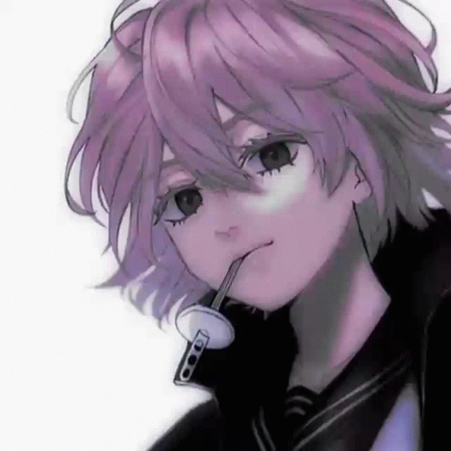 A Purple Haired Anime Girl Is Drinking Through A Straw . GIF