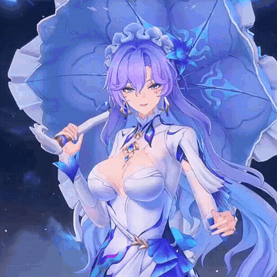 A Purple Haired Anime Girl Is Holding A White Umbrella GIF